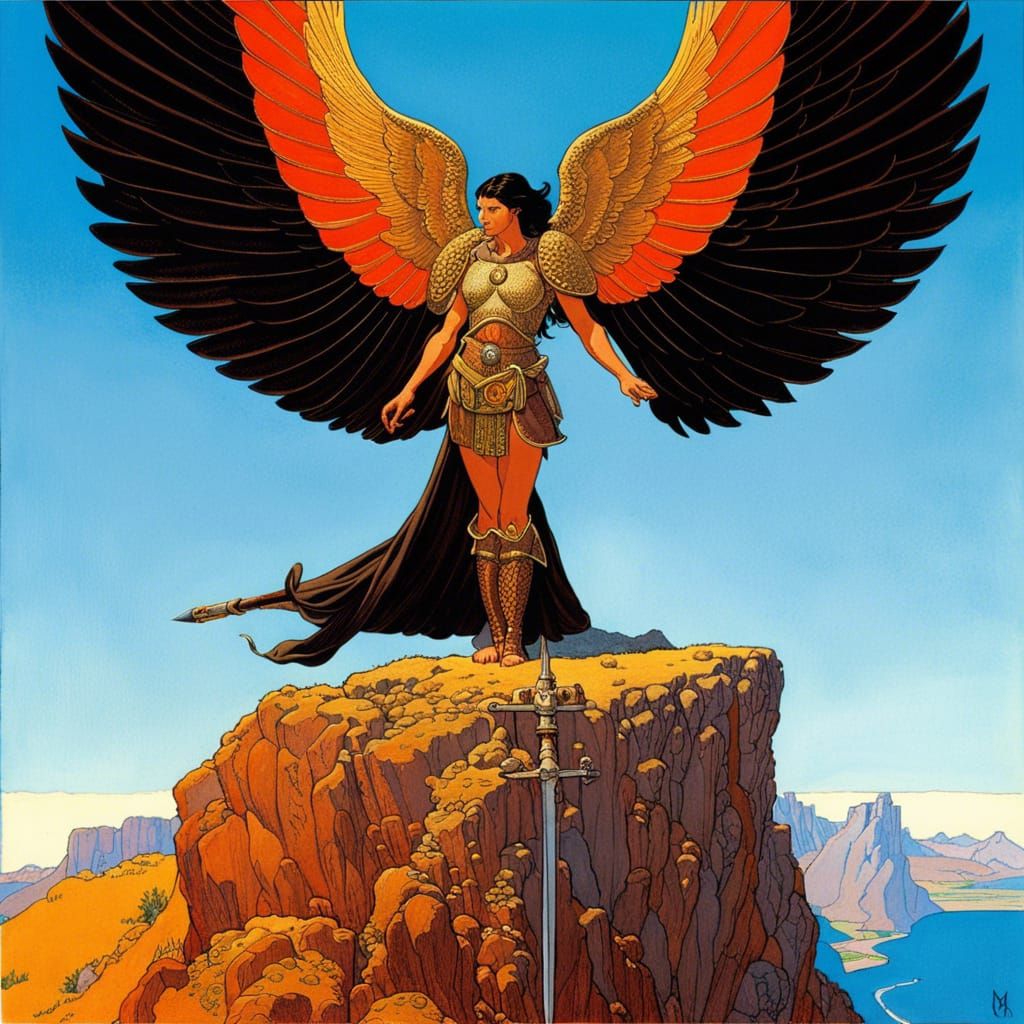 Armored Shieldmaiden with Angel Wings: Moebius Style