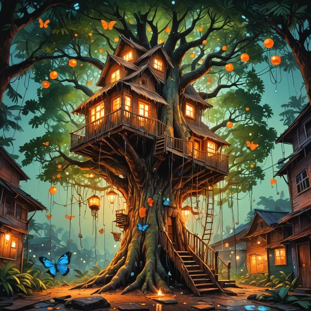 Enchanted Treehouse Photograph in Graffiti Art Style
