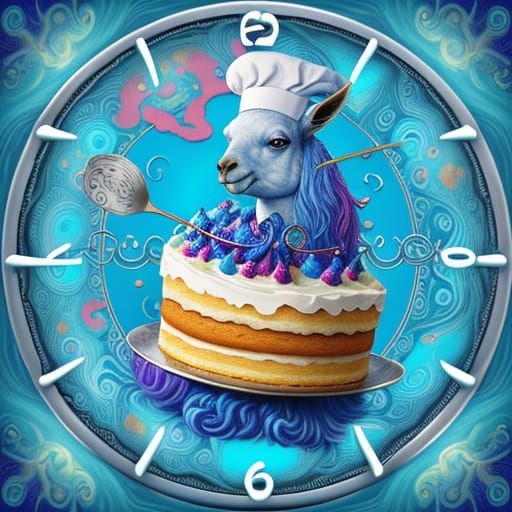 Surreal Blue Llama Baking a Cake in Dreamlike Kitchen