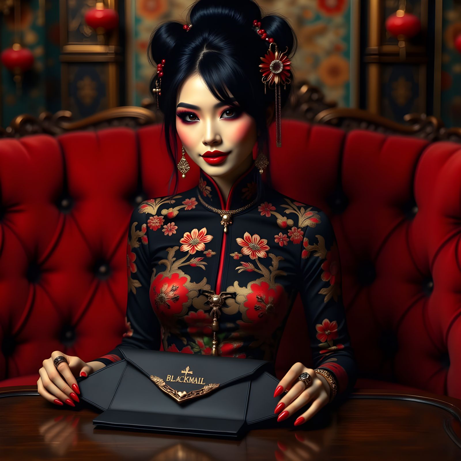 A Sinister Geisha in Black and Red