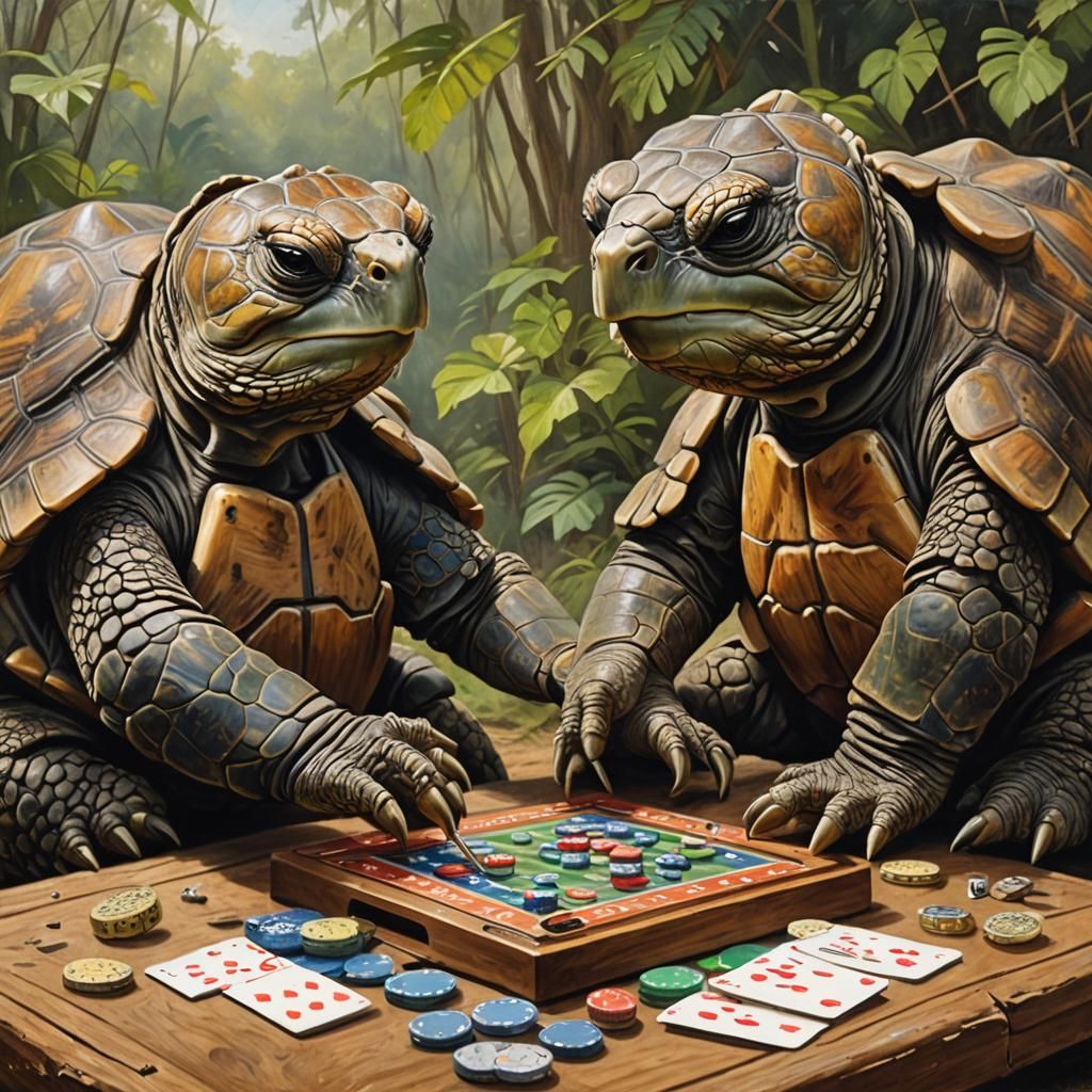 Tortoises Playing Cribbage: Oil Painting