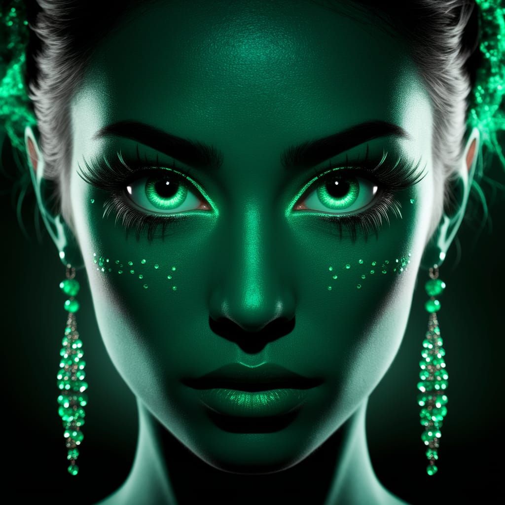 Enchanting Emerald-Eyed Woman Captivates in Glowing Close-Up...