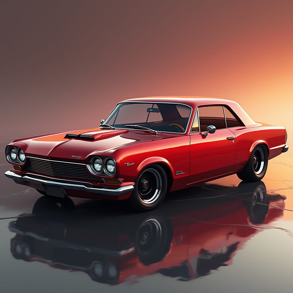 Futuristic Retro Sedan in Red Metallic Paint