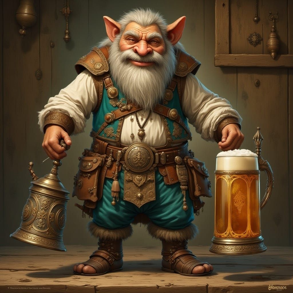 Dwarf in Lederhosen Drinking Beer, Bavarian Art