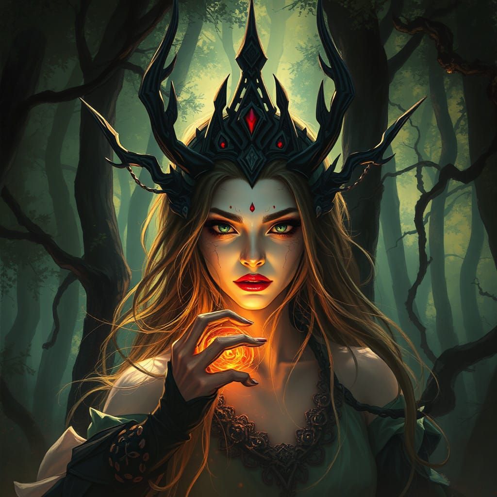 Ethereal Enchantress in Whimsical Forest Landscape