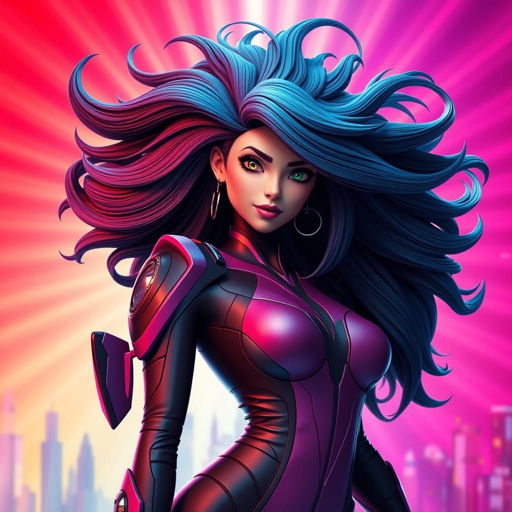 Heroic Woman in Futuristic Cityscape: 3D Digital Art