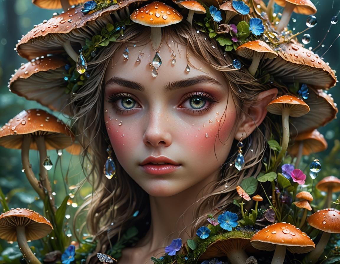 Fairy on Mushroom: A Maximalist Macro Photograph