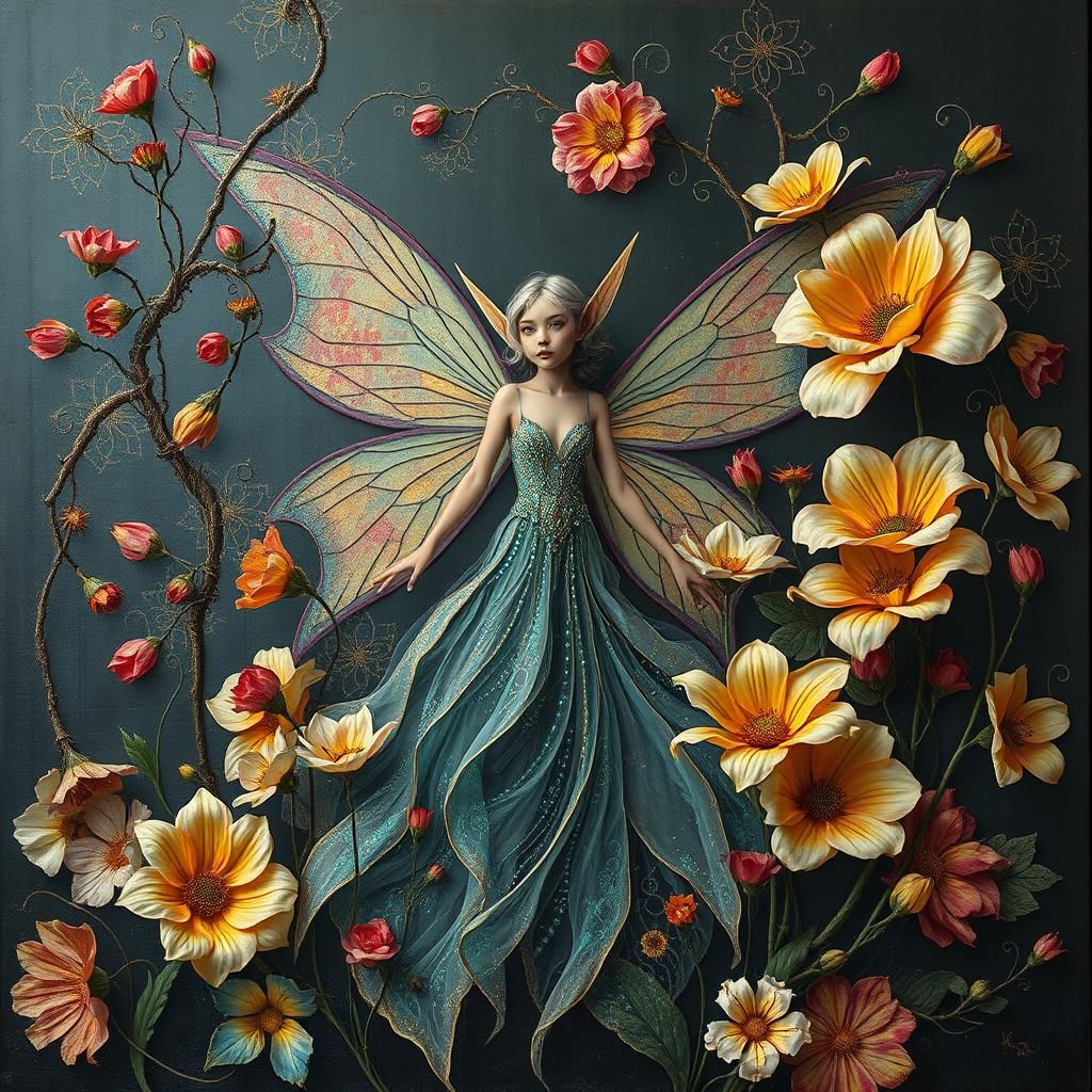 Fairy Elf Emerges from Flowers in Impasto Style