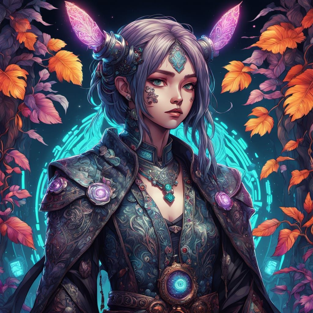 Cyberpunk Druid Radiates Ancient Wisdom in Neon-Lit Foliage