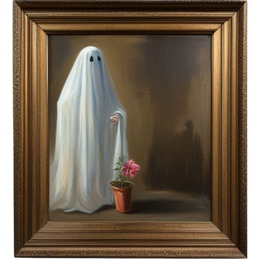 Ethereal Ghost Holds Flower as Oil Painting