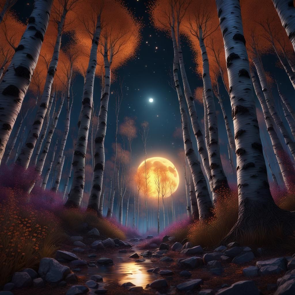Gothic Birch Forest with Fireflies, Detailed Matte Painting