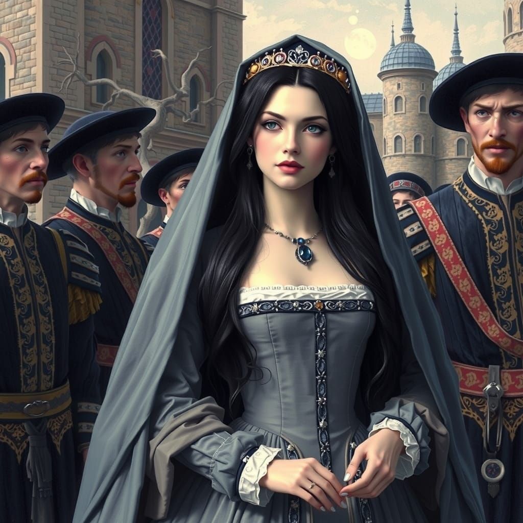 Regal Anne Boleyn in 16th-Century Fairy Tale Landscape