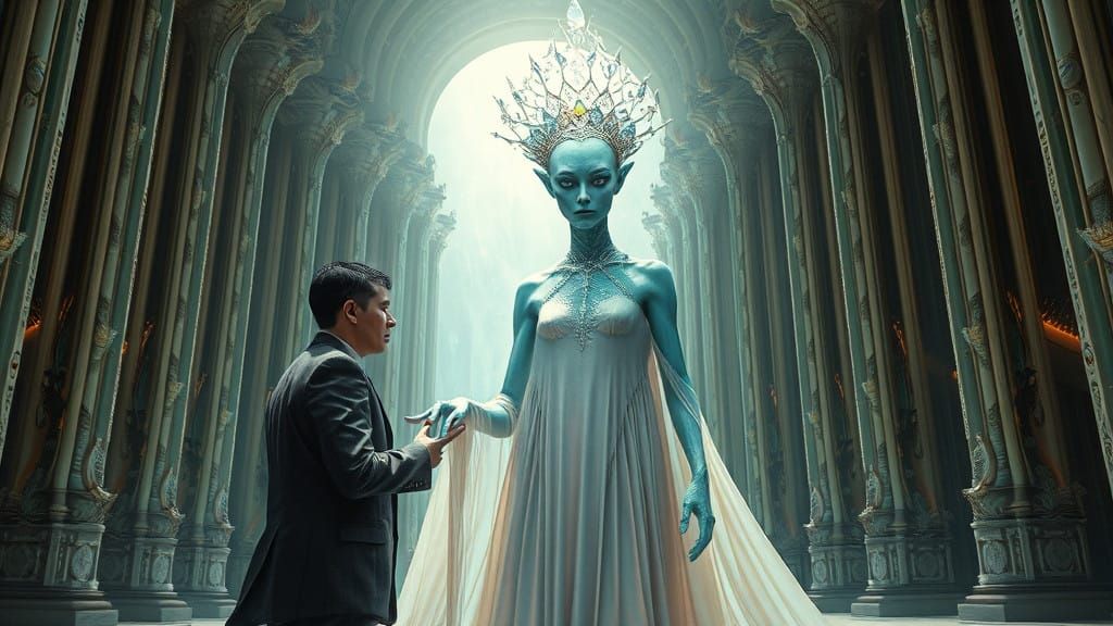 Ethereal Alien Queen in Grand, Otherworldly Throne Room