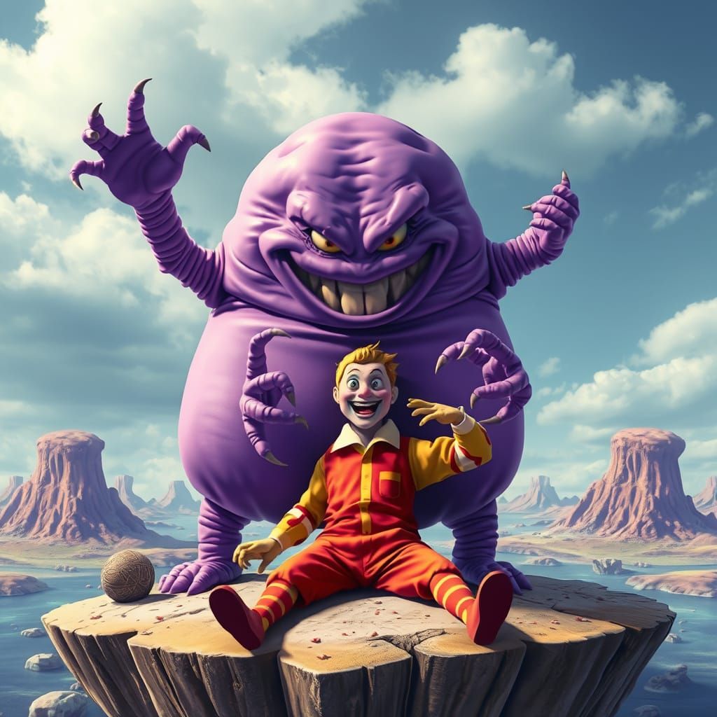 A purple island with Evil Grimace, the beanbag-shaped purple four-armed monster, smiling menacingly and trying to eat Ro...