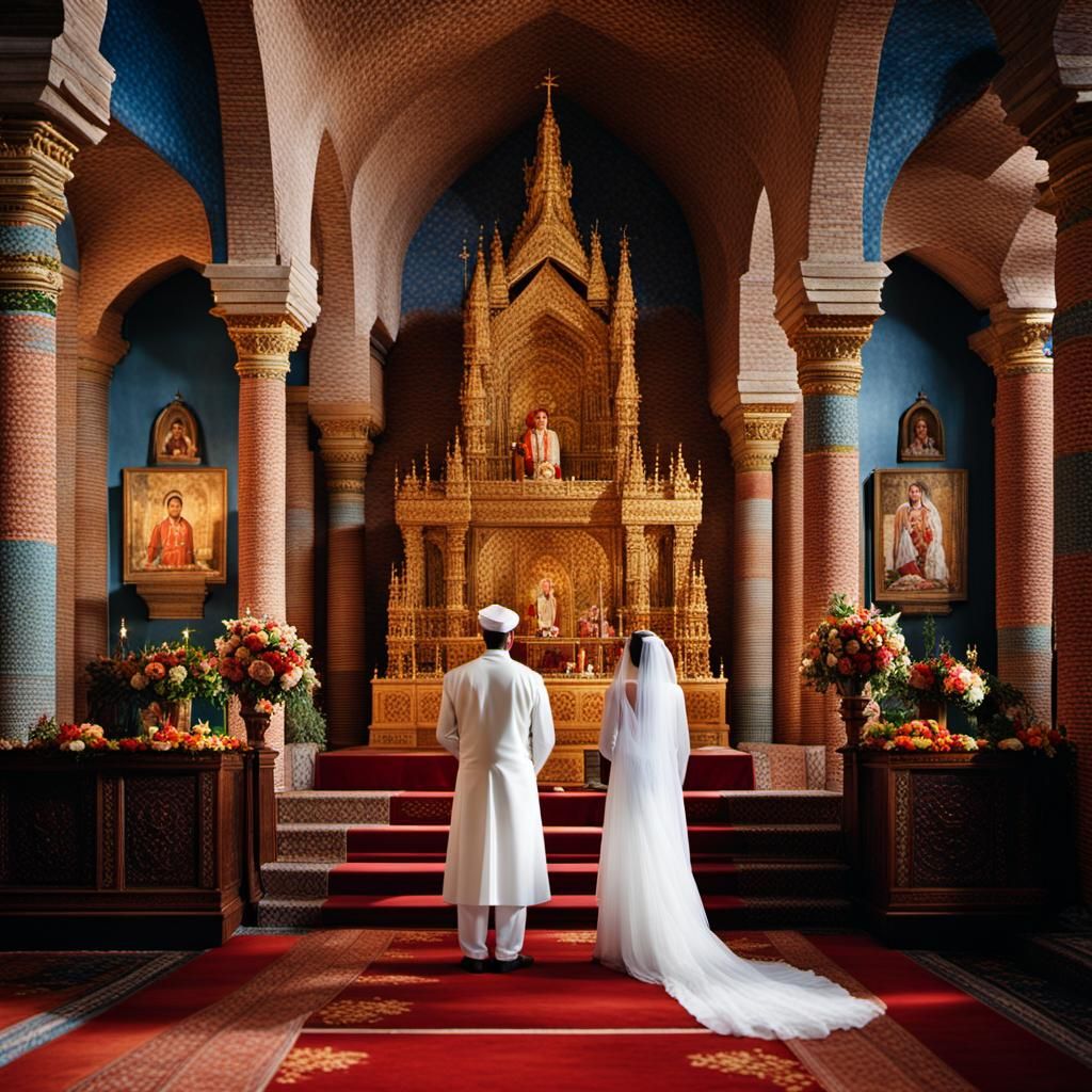 Bride and Groom Portrait at Altar with Bokeh