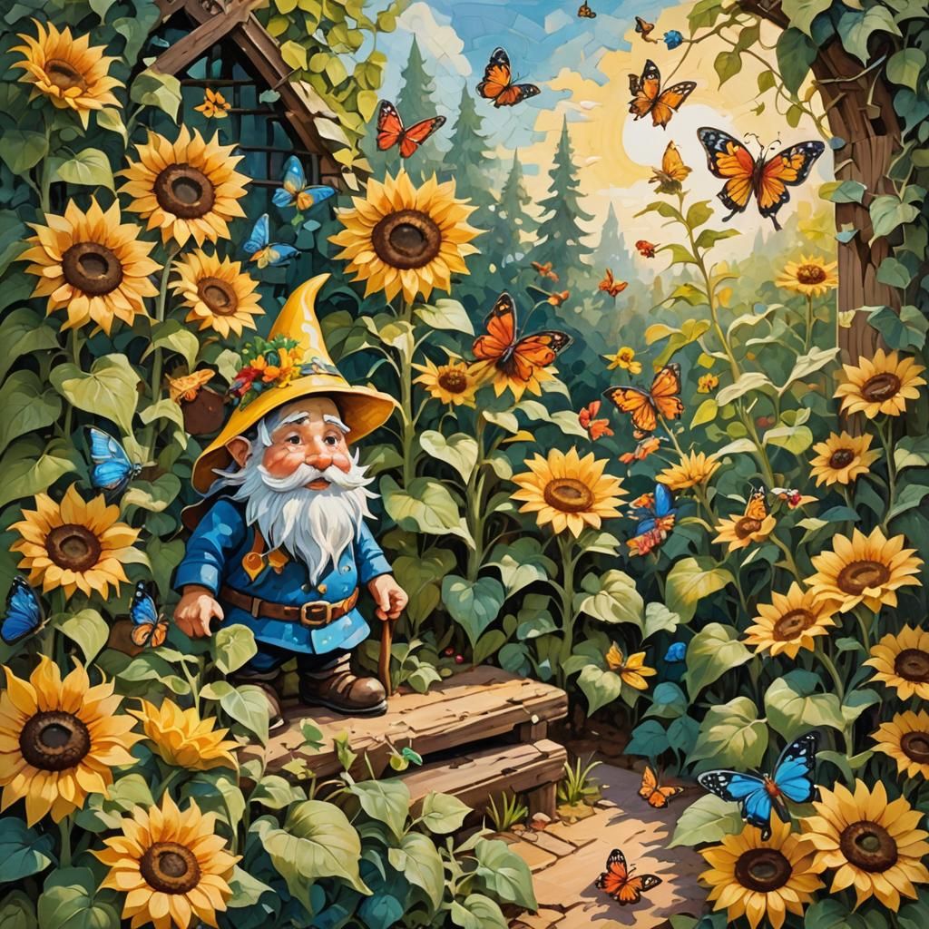Gnome Admiring Sunflower in Impressionist Garden Scene