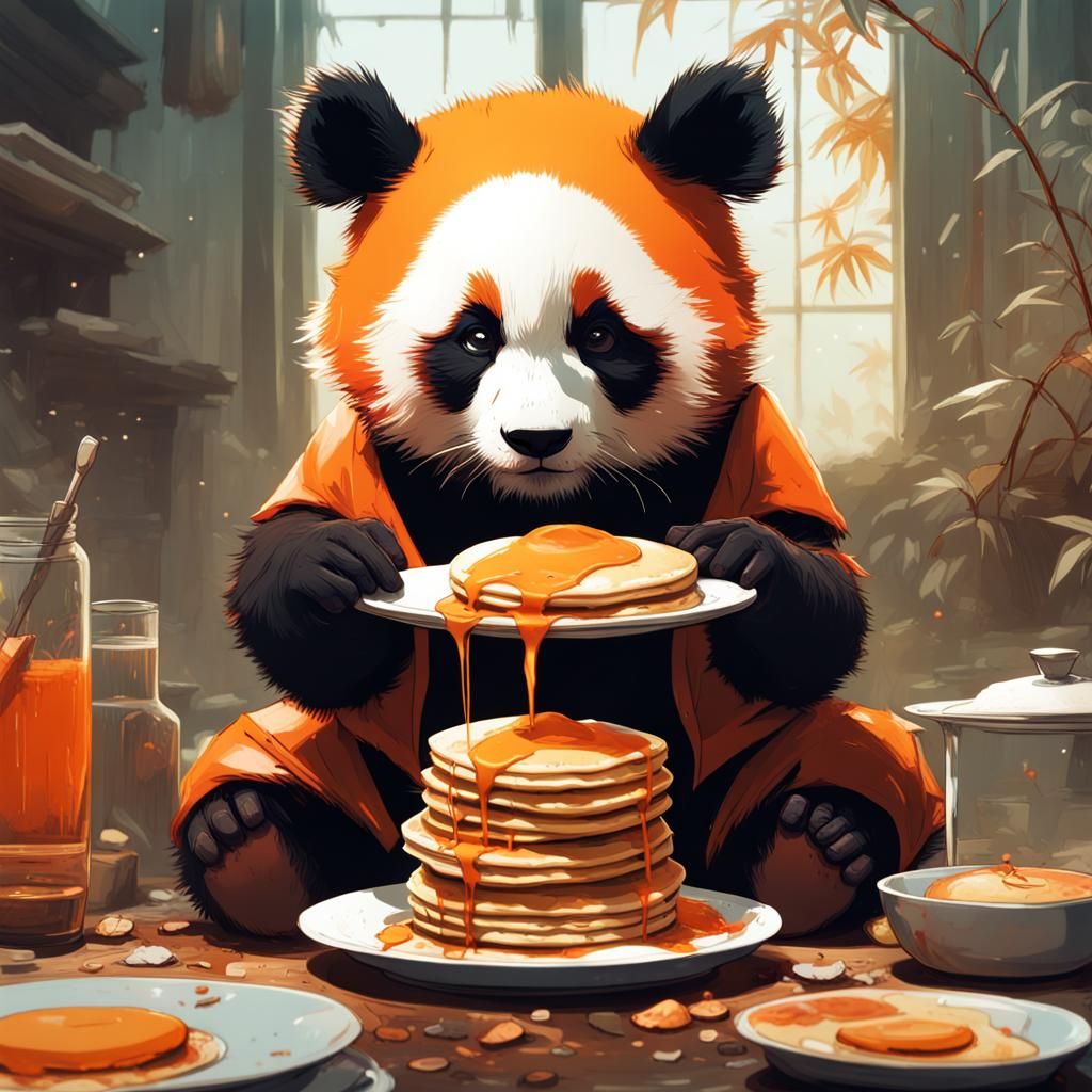 Cute Orange Panda Eats Pancakes: Detailed Digital Art