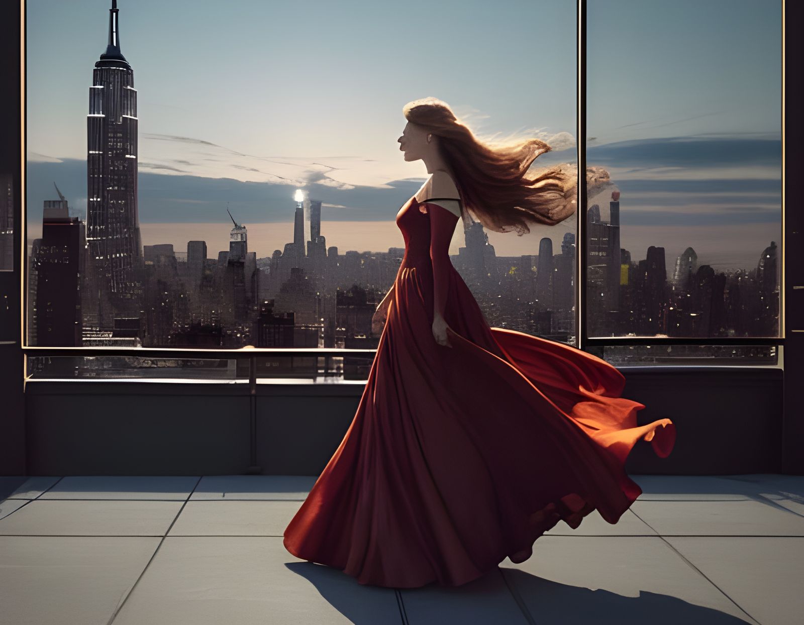 Elegant Woman on Rooftop in New York City at Night