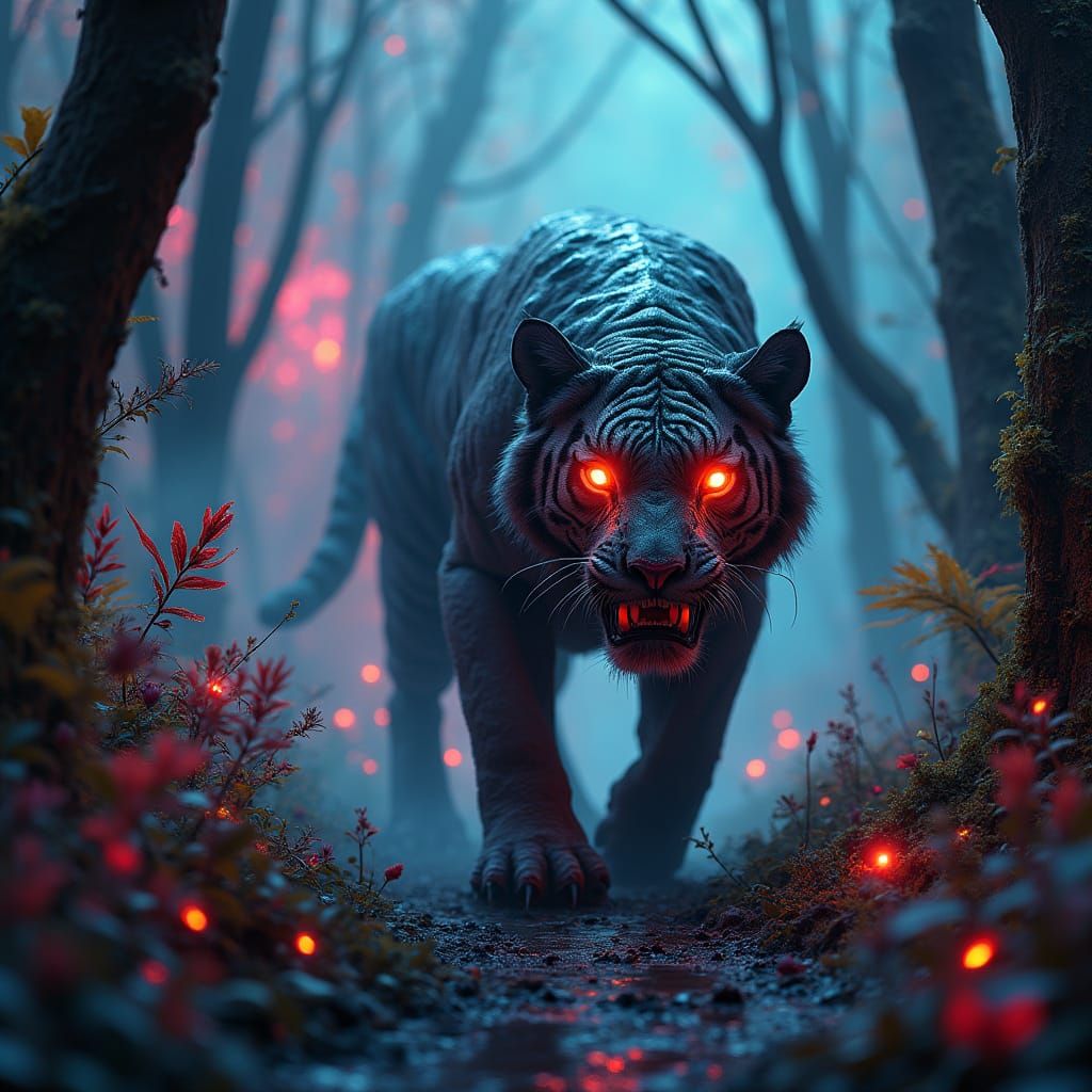Cyberpunk Saber-Tooth Tiger in Neon Forest