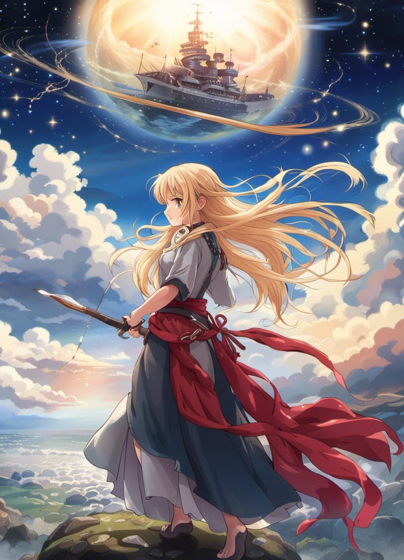 Cat Girl on Windswept Field with Astral Battleship