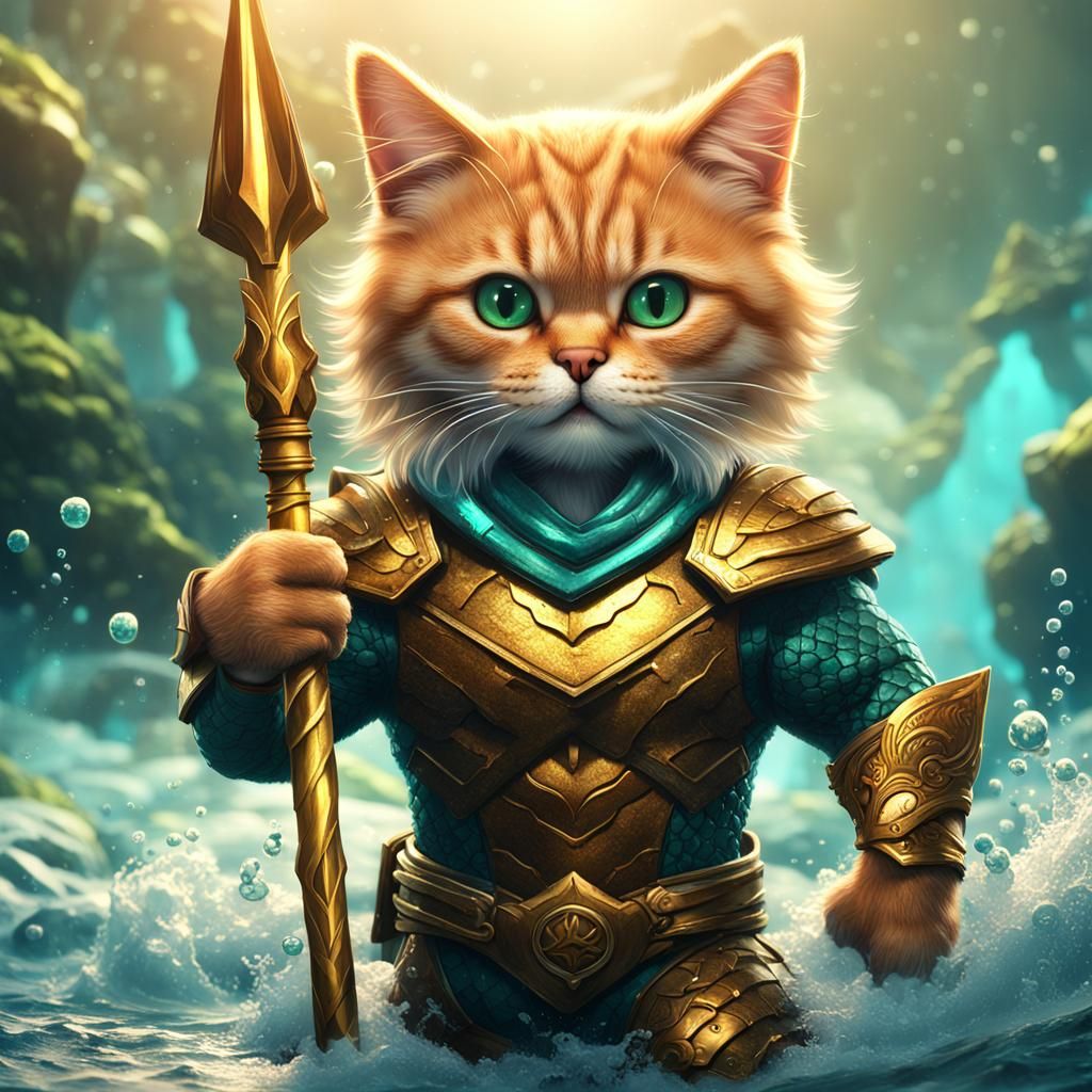 Aquaman Cat with Trident: Detailed Digital Art