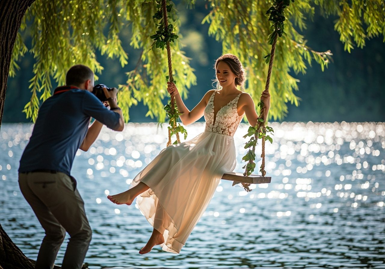Happy Bride on Tree Swing in Summer Sunlight