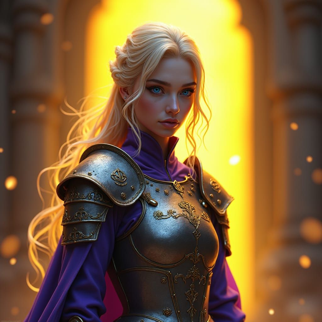 Templar Woman Crusader with Yellow Aura in Dark Realm