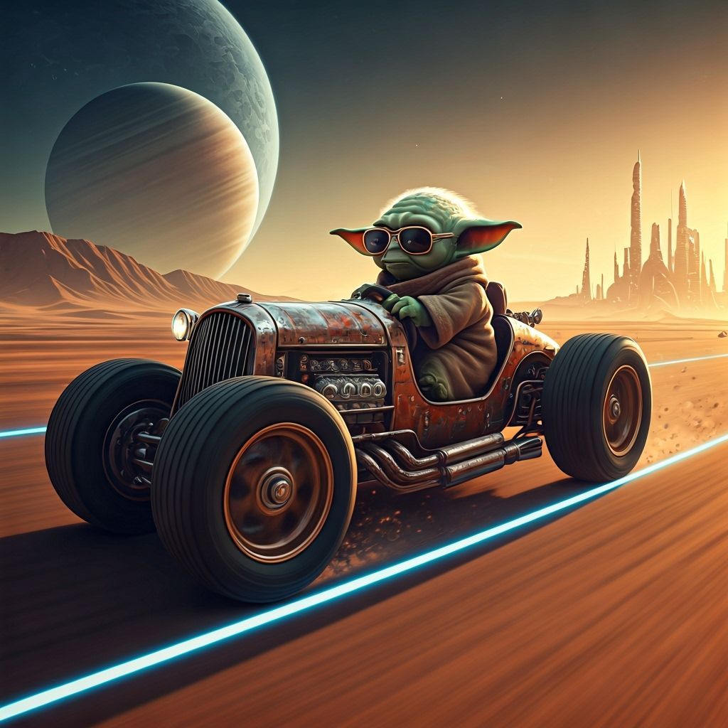 Young Yoda, driving a dilapidated racing car on a barren san...