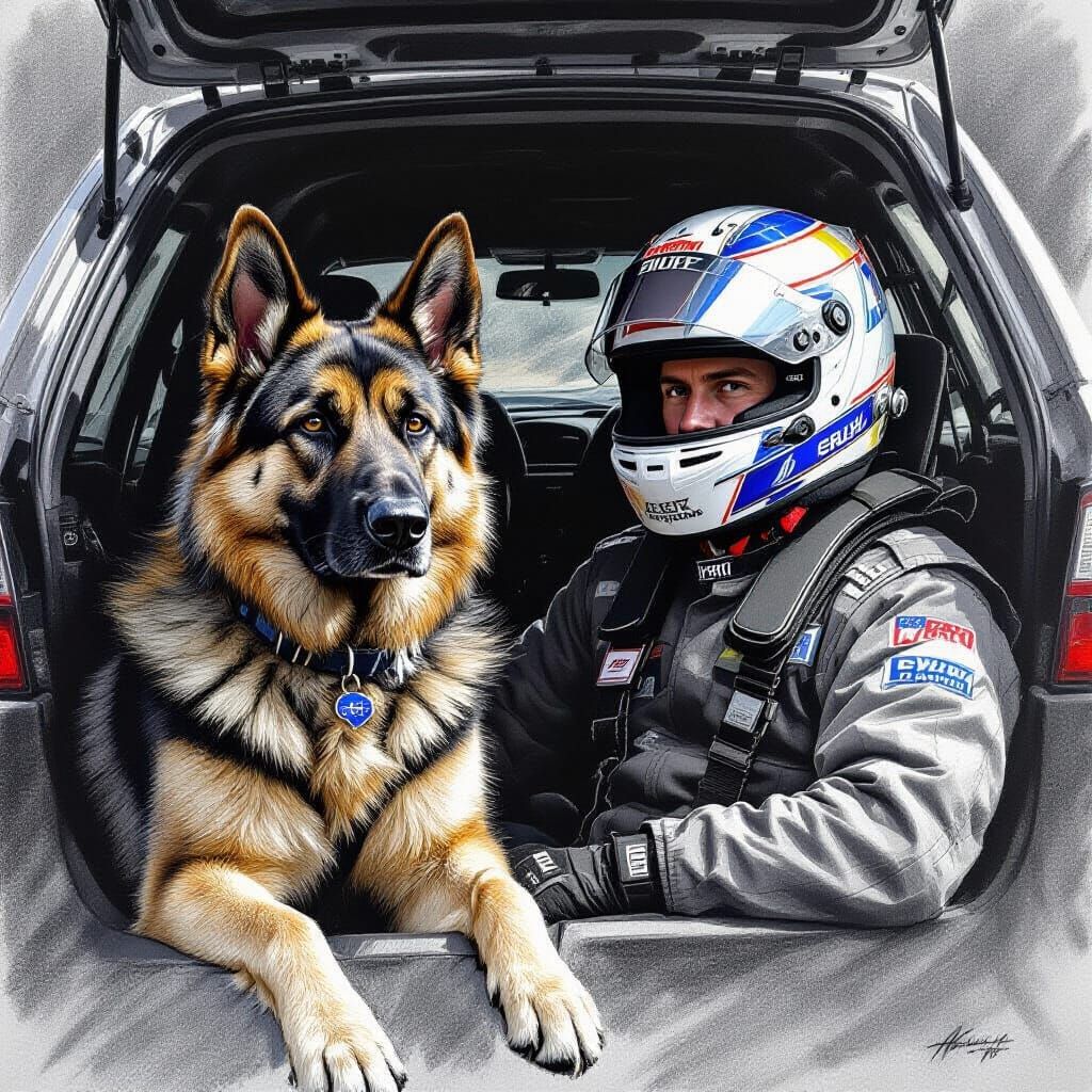 German Shepherd and Racer in Subaru WRX: Charcoal Sketch