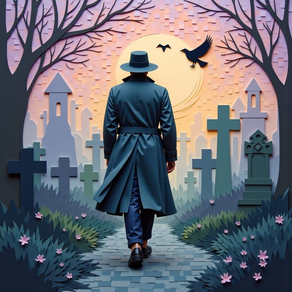 The Undertaker in Graveyard Made of Paper Mosaic