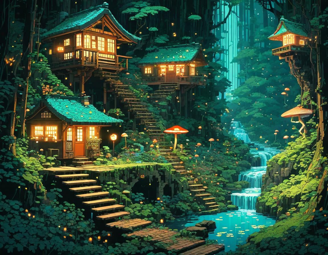 Pixel Art Fairy Village in Anime Style
