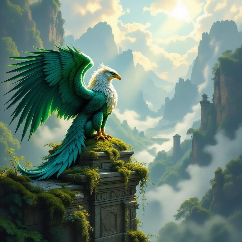 Griffin on Ancient Ruin in Misty Valley