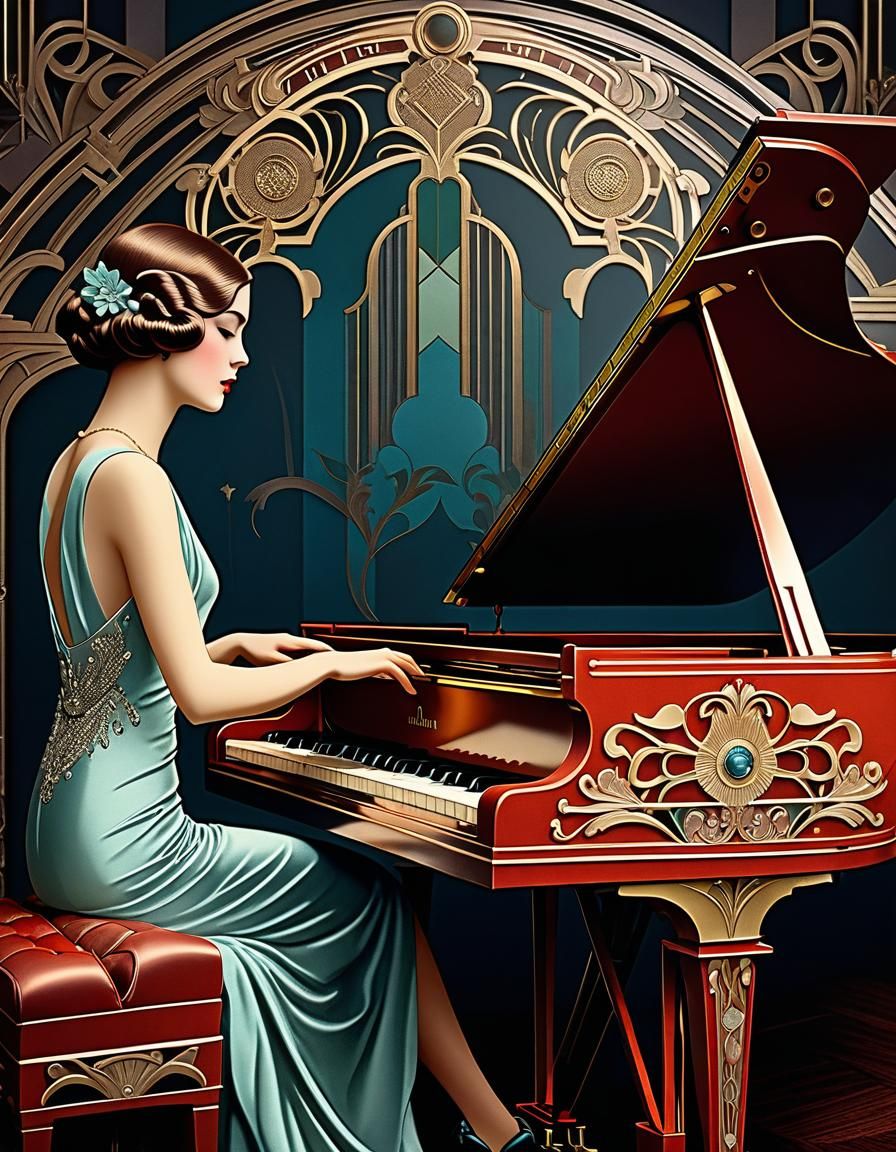 Woman at Grand Piano in Art Deco Style