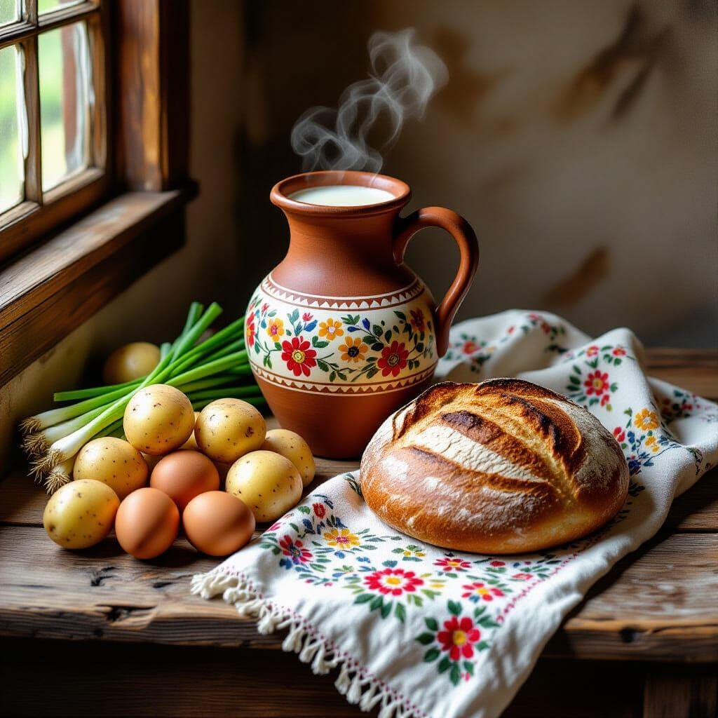 Rustic Still Life with Clay Jug and Fresh Bread
