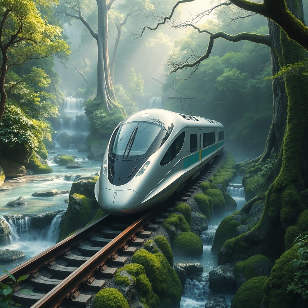 Sleek Silver Train Glides Through Lush Forest Waterfalls