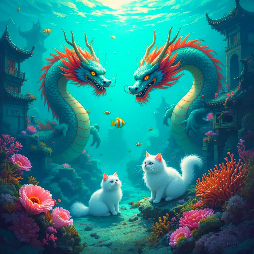Chinese Dragons & Cats in Mystical Underwater City