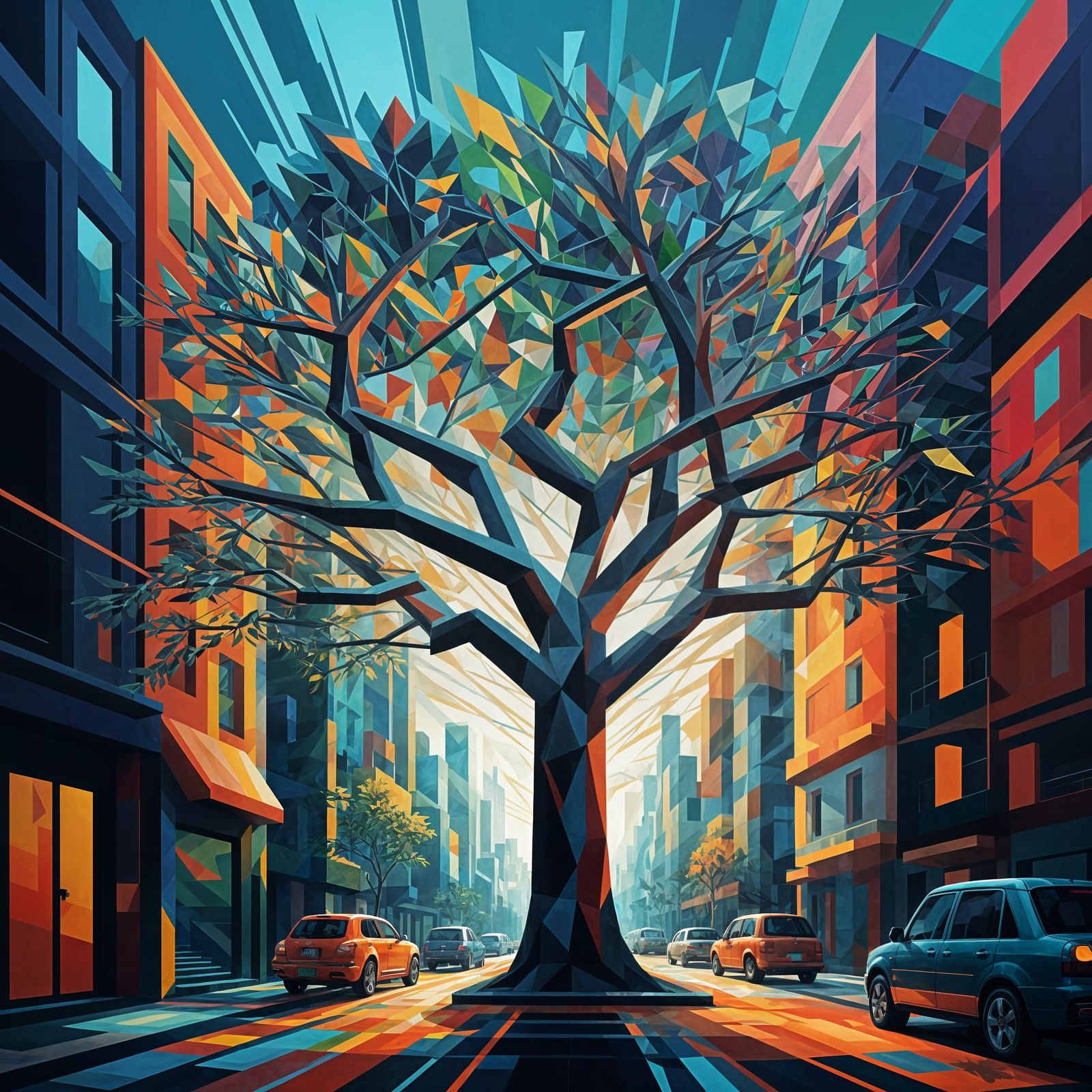 Vibrant Cubist Tree of Life in Futuristic Cityscape