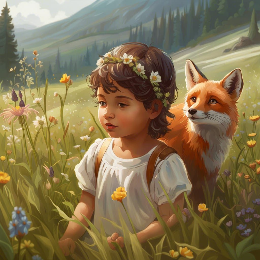 Toddler and Fox Portrait in Hyperdetailed Digital Art