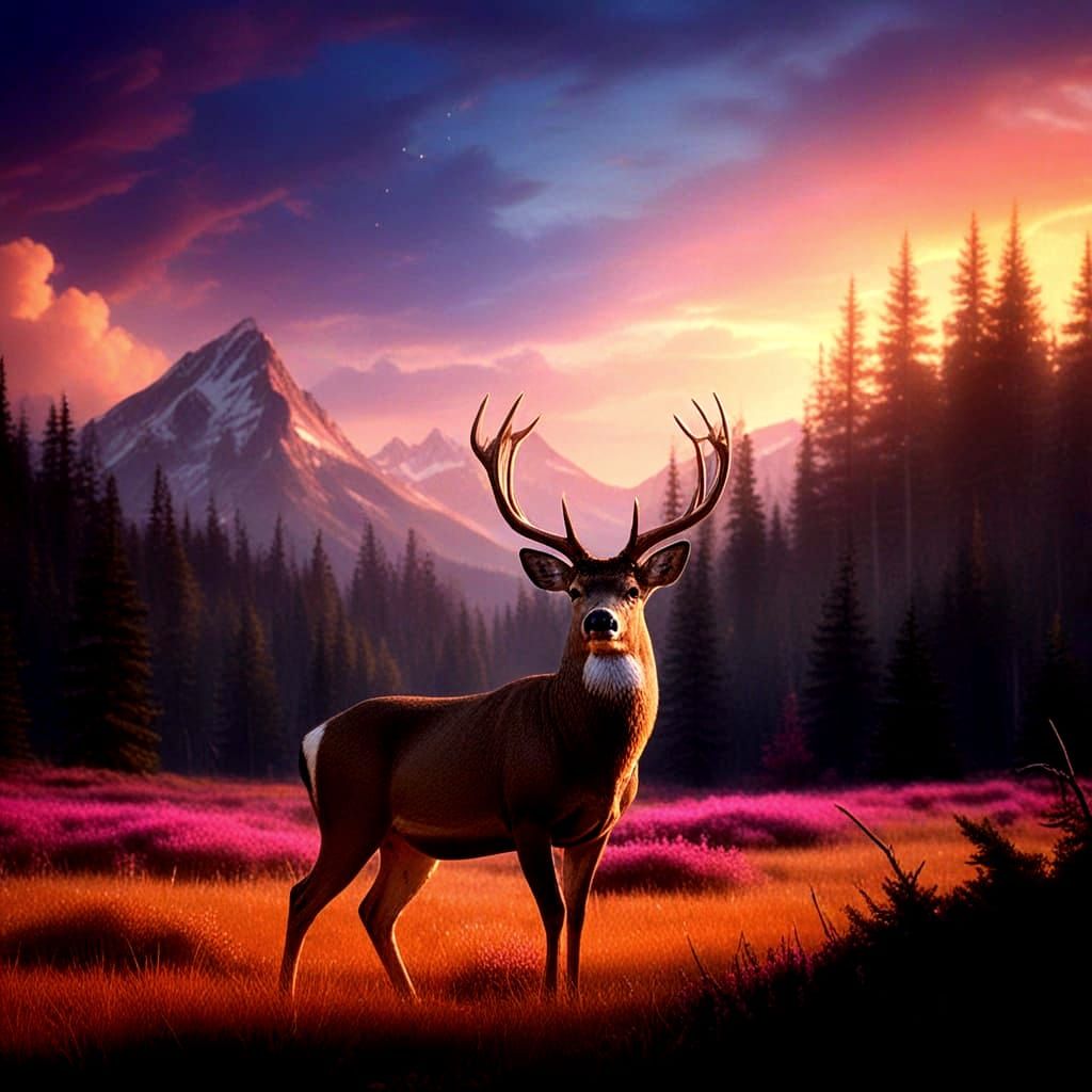 Majestic Buck Under Purple Sunset - Hyperrealistic