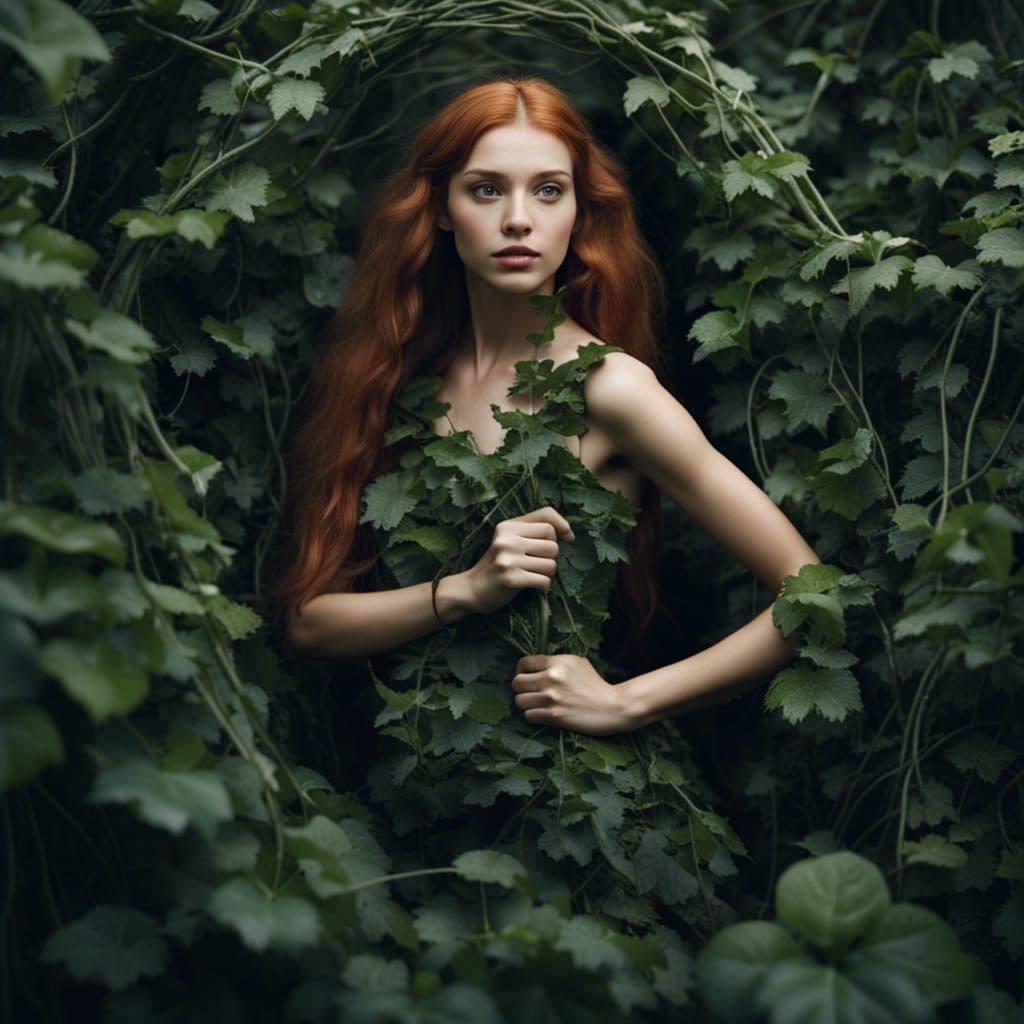 Girl in a Vine-Covered Cityscape