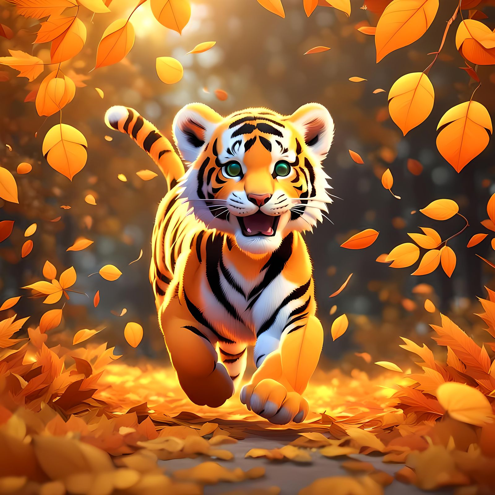Animated Tiger Cub Playing in Autumn Leaves
