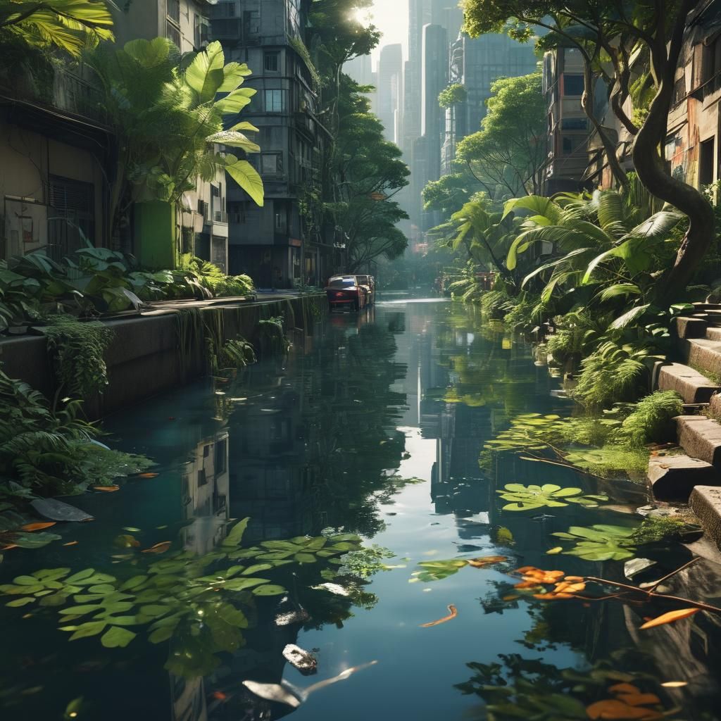 Lush Cityscape Reclaimed by Nature in Cinematic Style