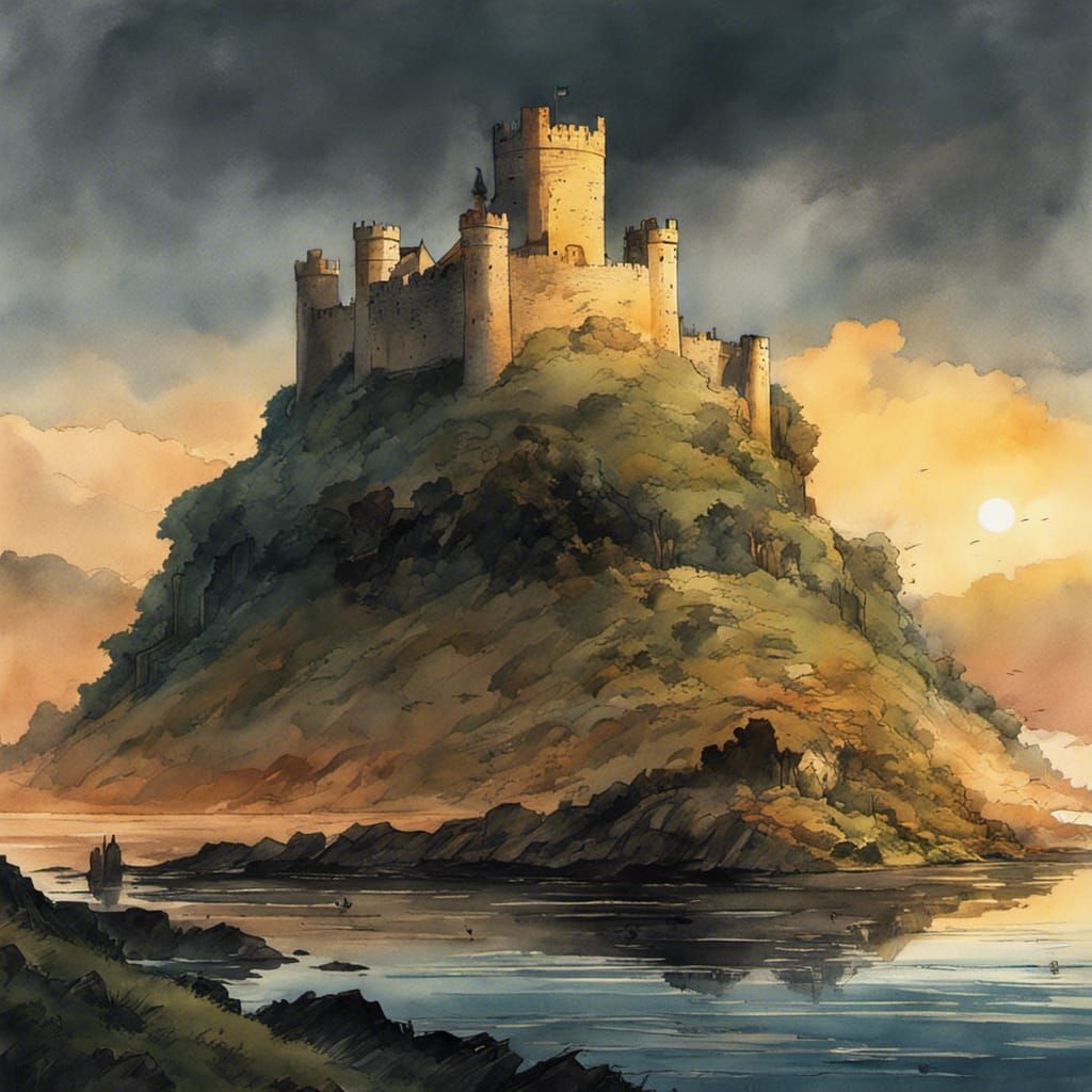 Motte-and-bailey Castle in Watercolor Comic Book Style