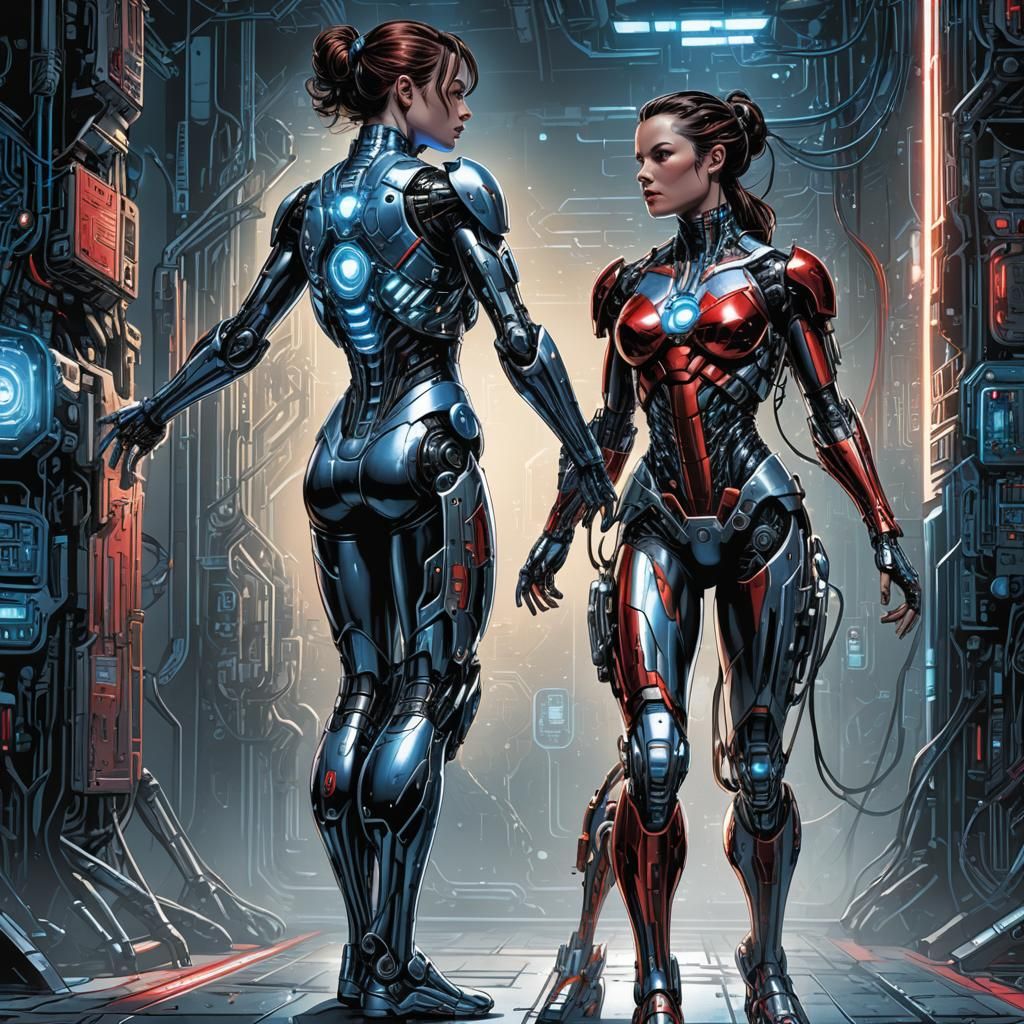 Cyborg Woman in Comic Book Style Illustration