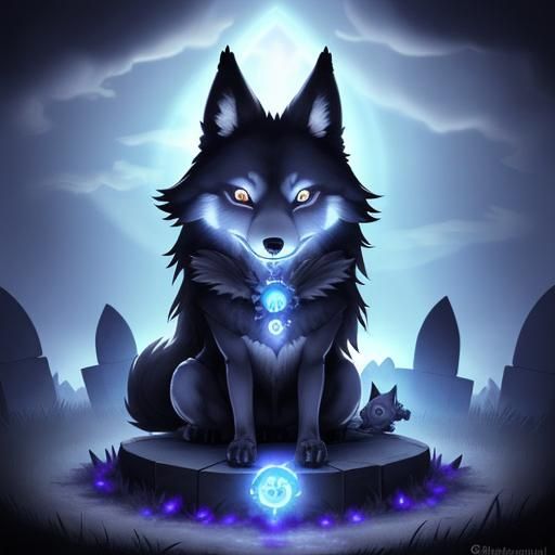 Chibi Wolf Warrior Casting Indigo Spell in Graveyard