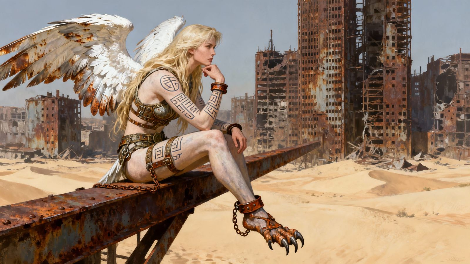 Fallen Angel with Runic Tattoos in Dystopian Desert