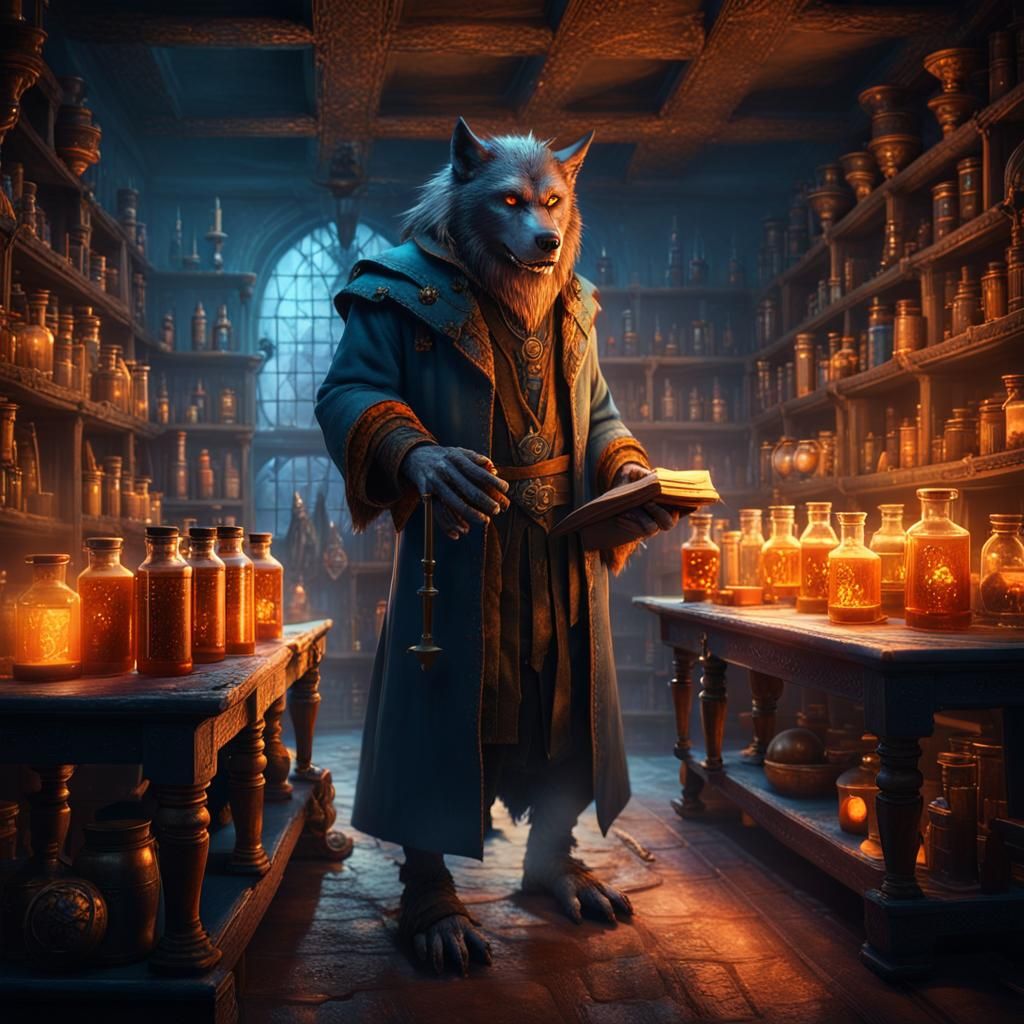 Werewolf Alchemist in Mystical Laboratory: Fantasy Concept A...