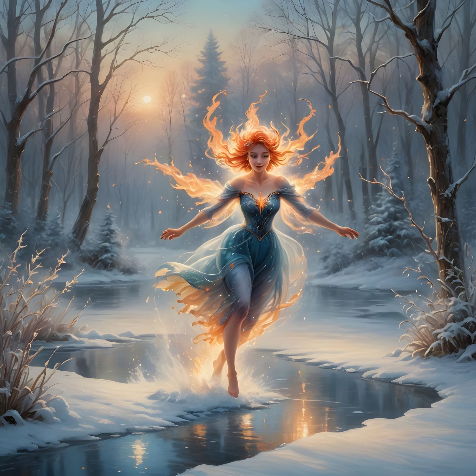 Ethereal Fire Sprite Sprints Across Frosty Winter Wonderland