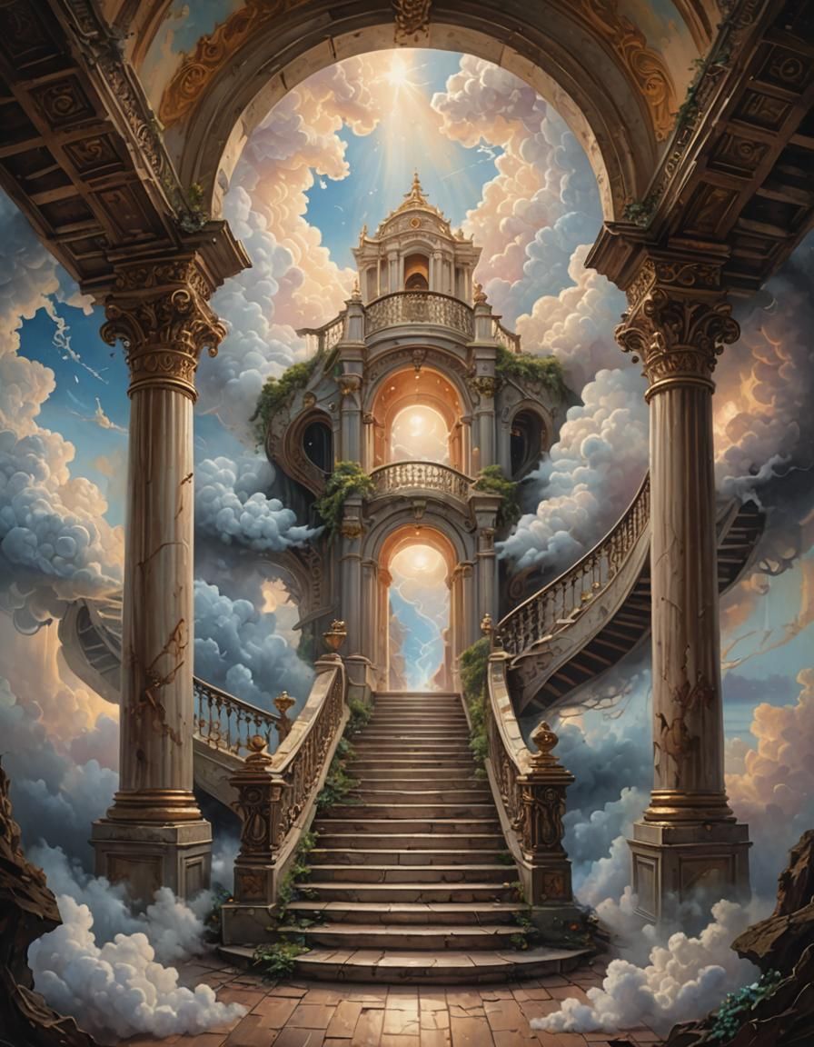 Magical Staircase to Dreamy Cloud World Painting