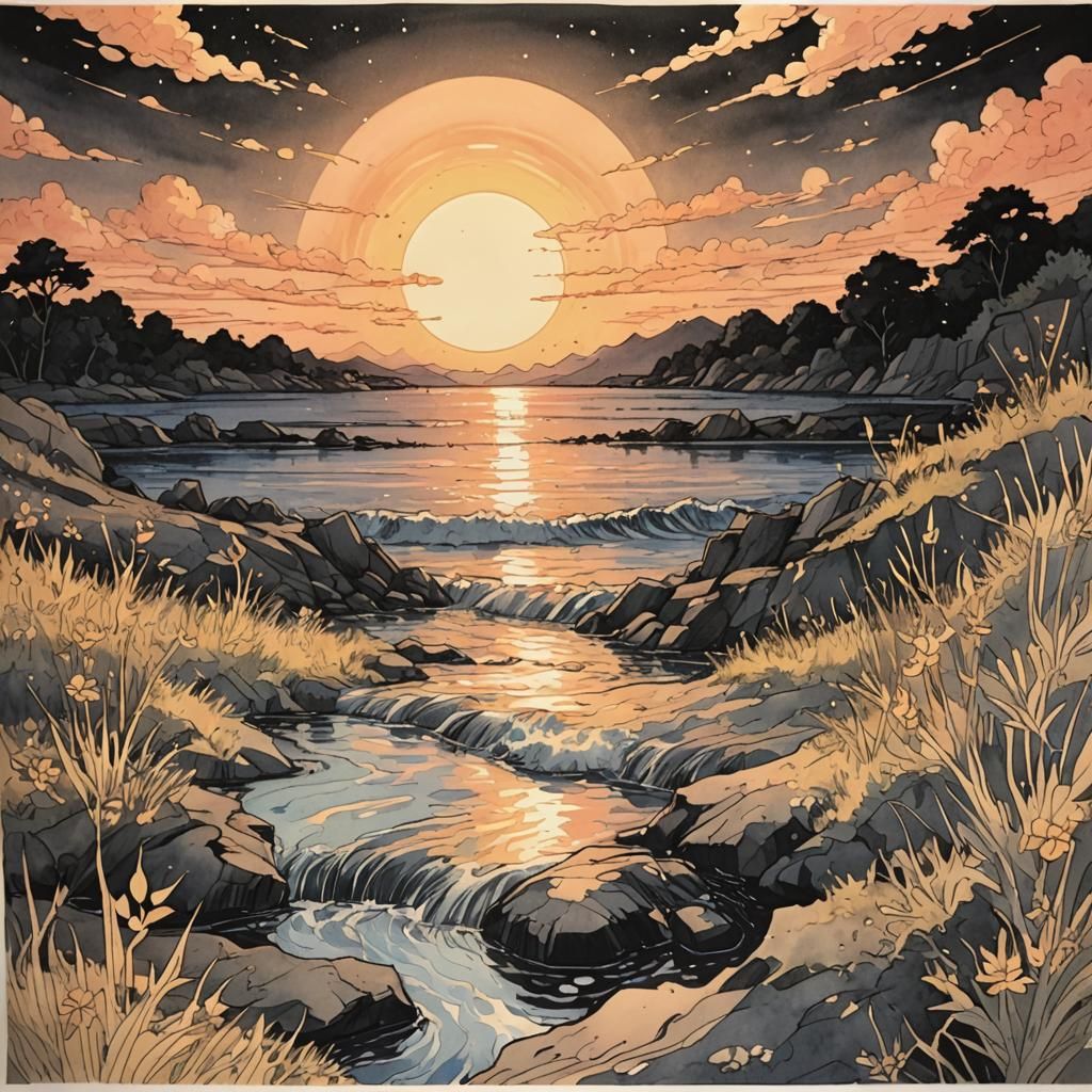 Anime Ink Drawing: Noctilucent Heatwave at Golden Hour